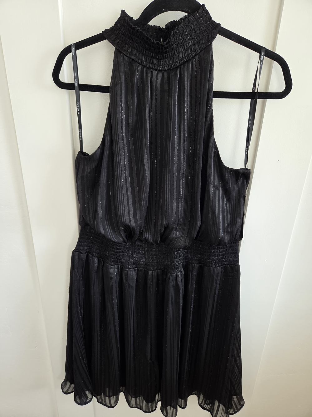 BCBG Black High-Neck Striped Sheen Chemise